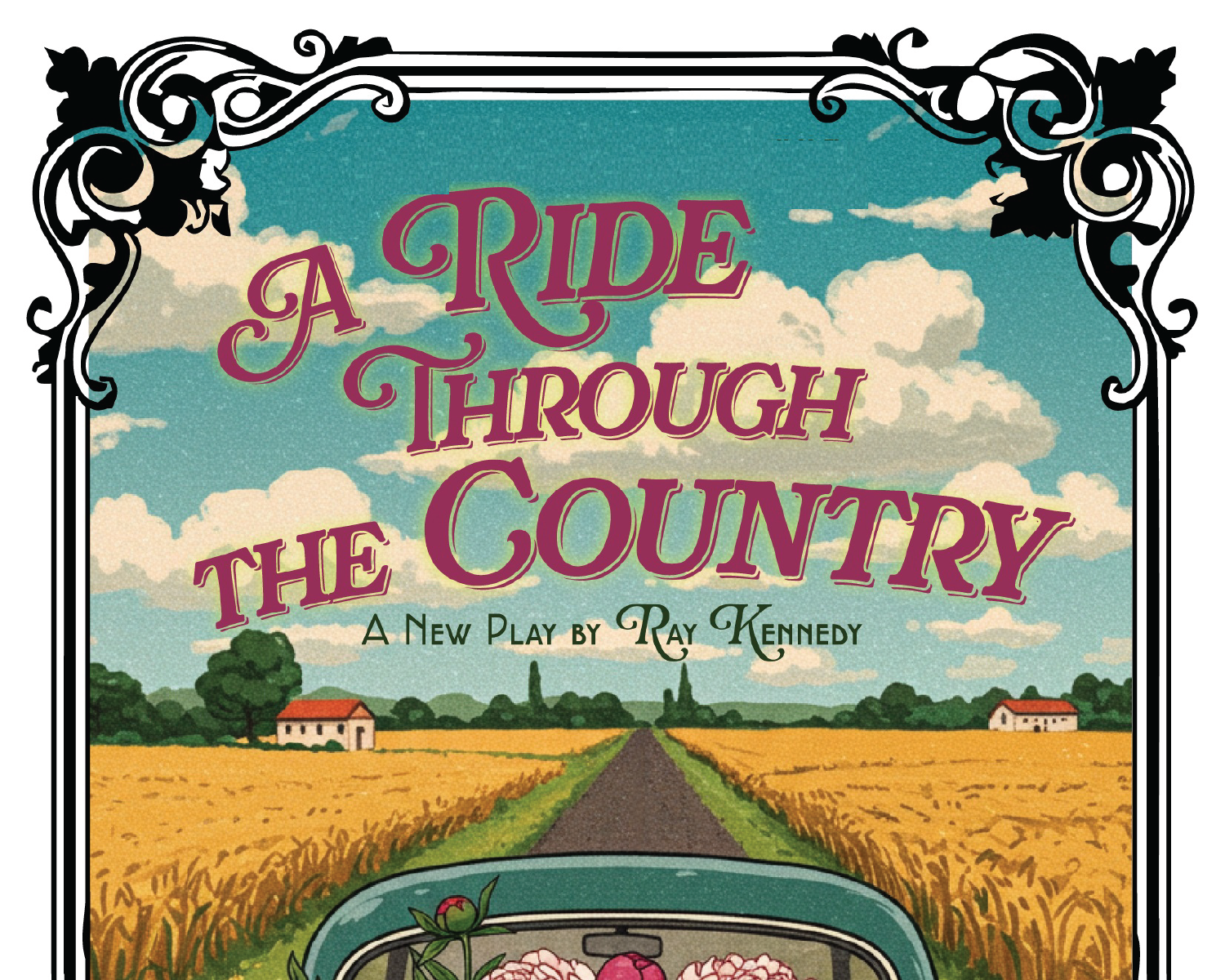 Vintage poster for “A Ride Through the Country” showing a rural road through golden fields under a cloudy sky