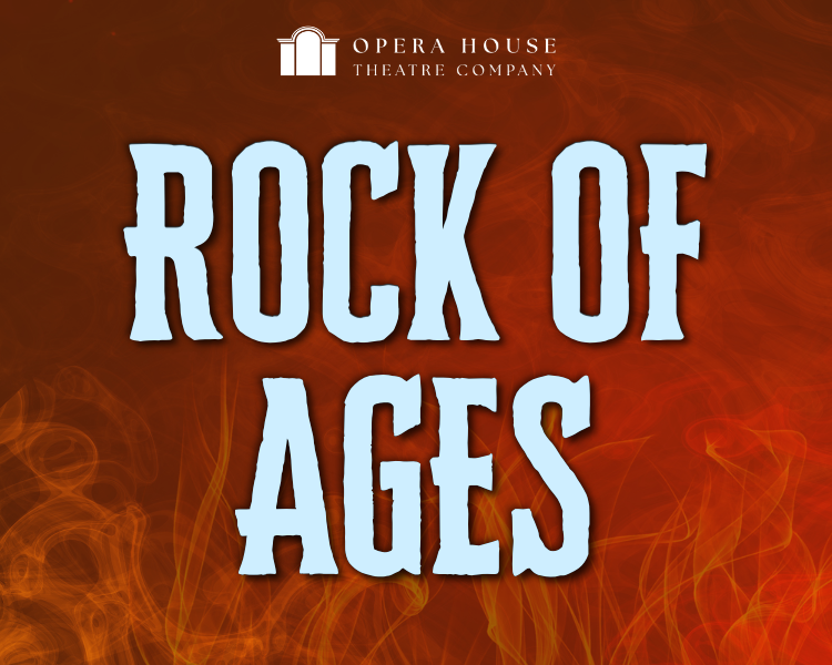 Rock of Ages musical poster with white text on a red-orange fiery background