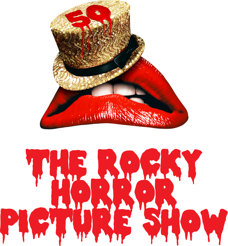 The Rocky Horror Picture Show poster with red lips, a glittery top hat, and dripping red text