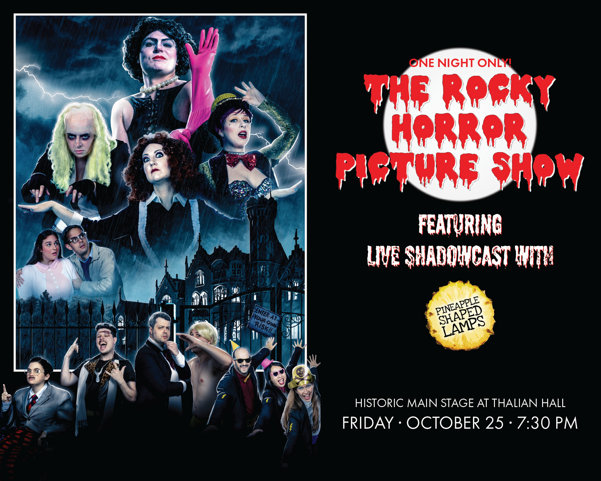 The Rocky Horror Picture Show poster with gothic cast art and event details in red and white text