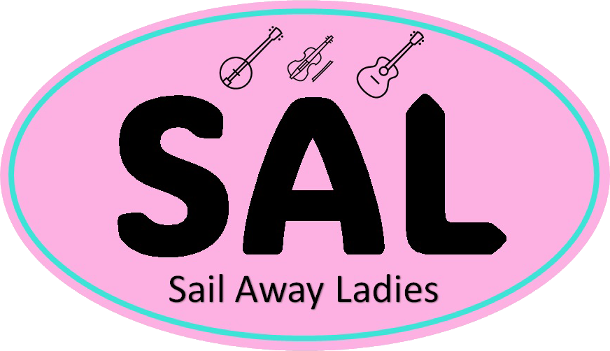 Pink oval logo with large black “SAL” and smaller text “Sail Away Ladies,” with three musical notes above.