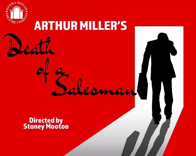 Red poster for Arthur Miller’s Death of a Salesman, with a silhouetted man and long shadow.