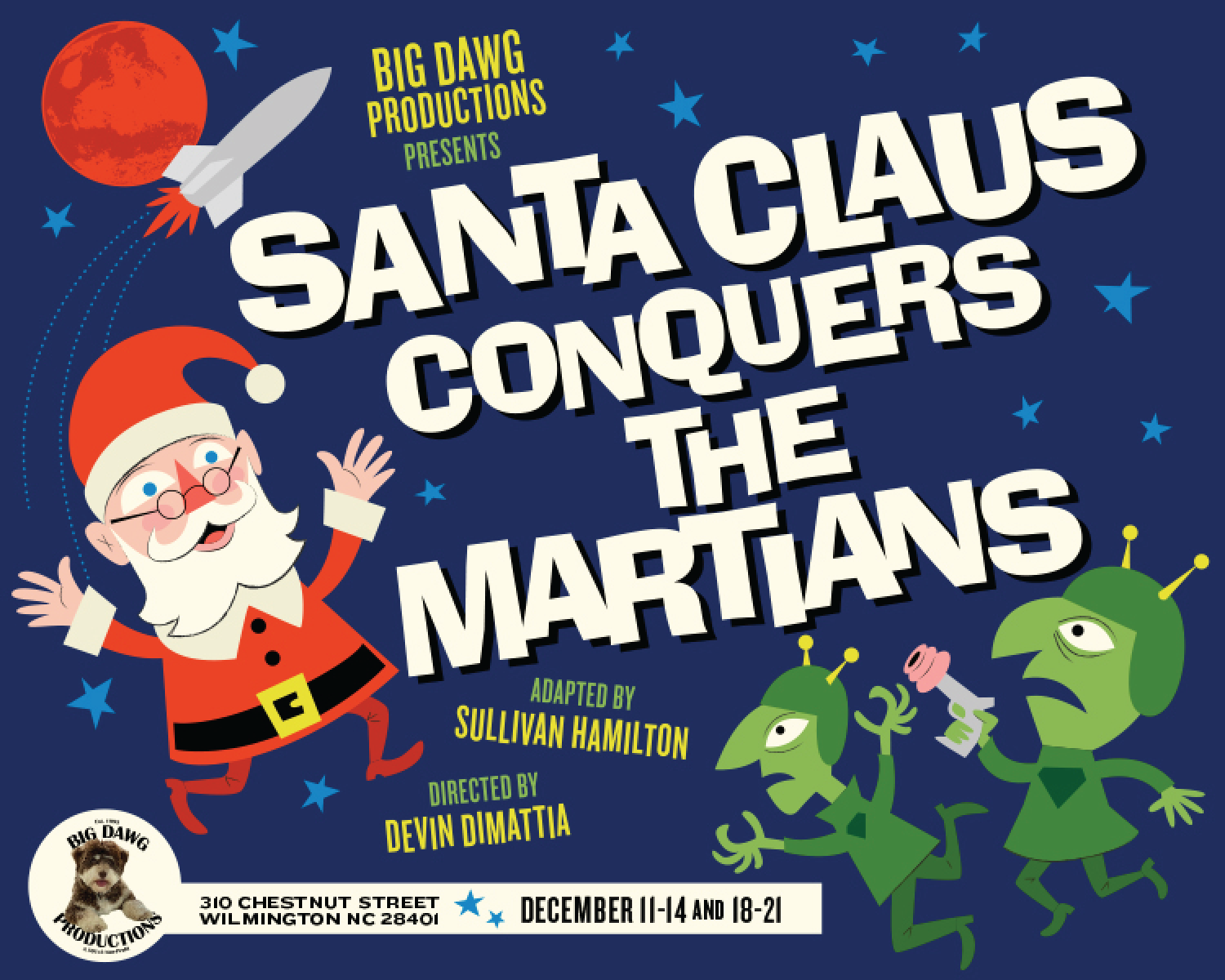 Christmas poster for “Santa Claus Conquers the Martians,” with Santa and green Martians on a blue starry background