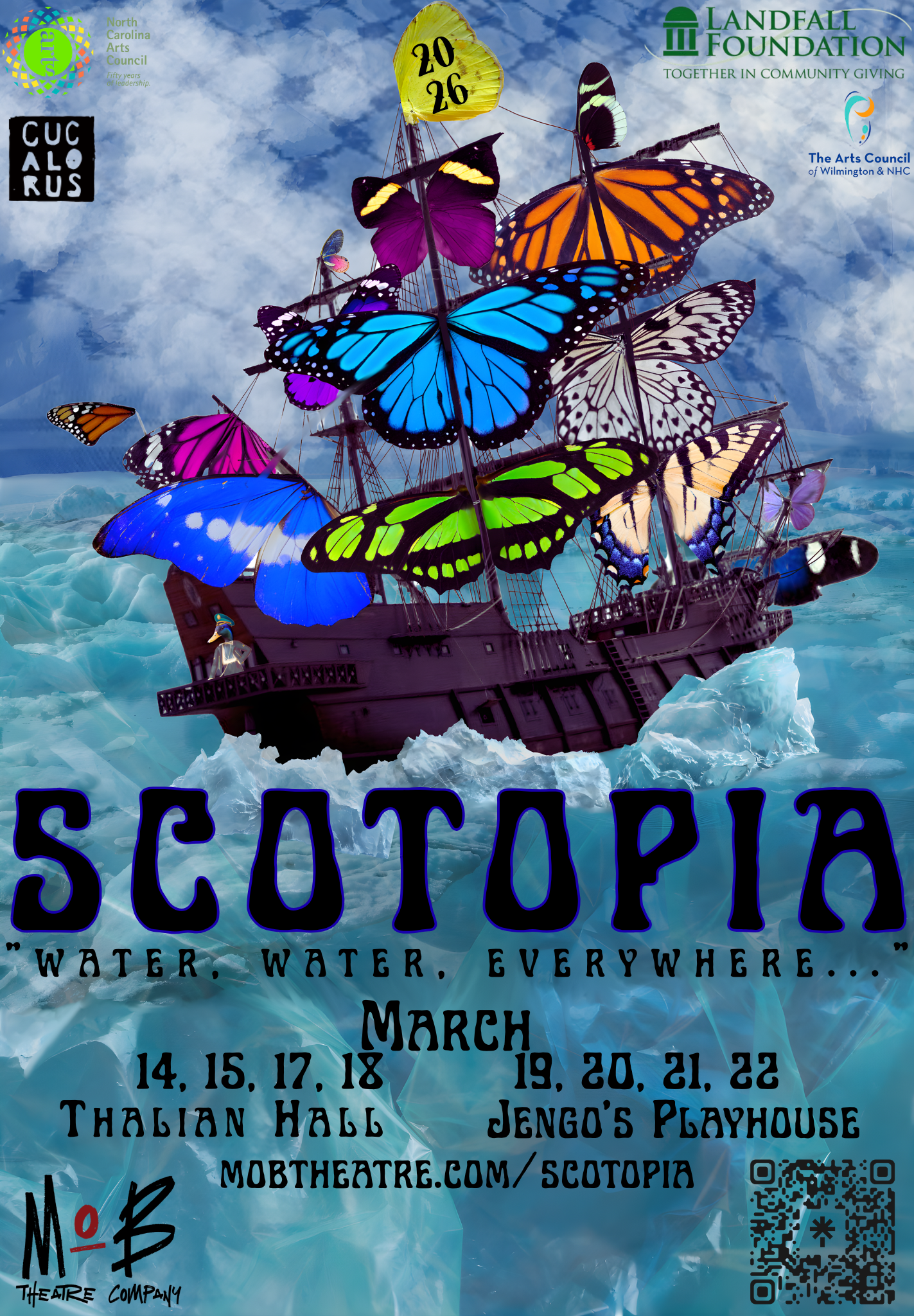 Scotopia festival poster with colorful butterfly masks on a bed, March dates, and sponsor logos