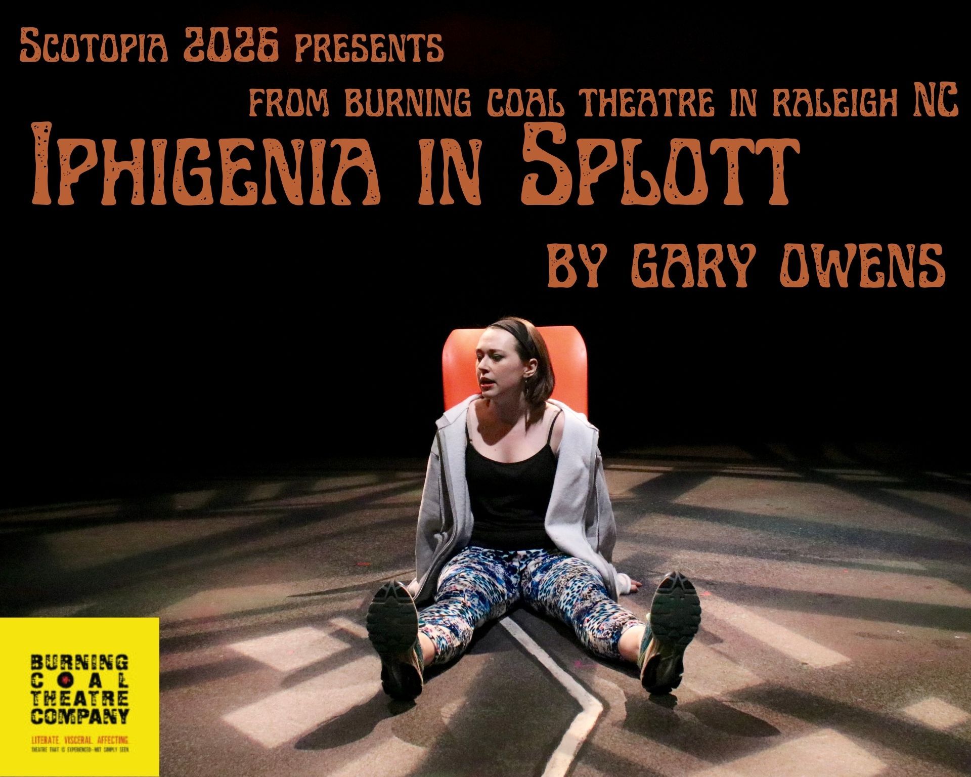 Theater poster for “Iphigenia in Splott,” with a seated woman on stage under spotlight.