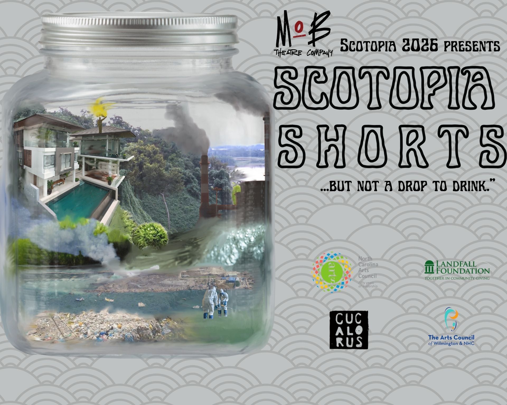 Poster for “Scotopia Shorts” with a mason jar cityscape collage and event logos on a gray patterned background