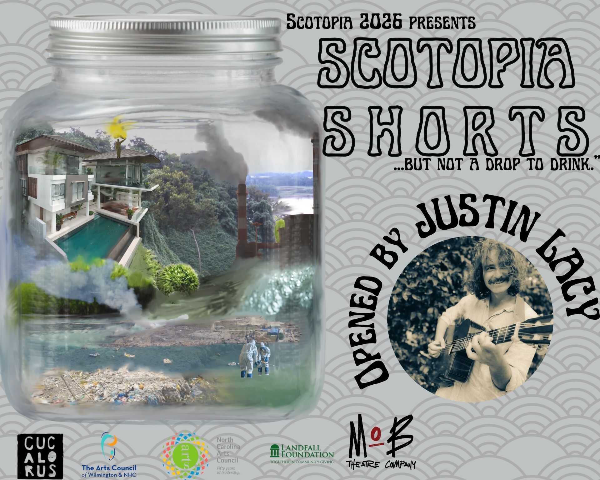 Jar-shaped collage poster reading “Scotopia Shorts” with “by Justin Corey” and “Presented” logos.