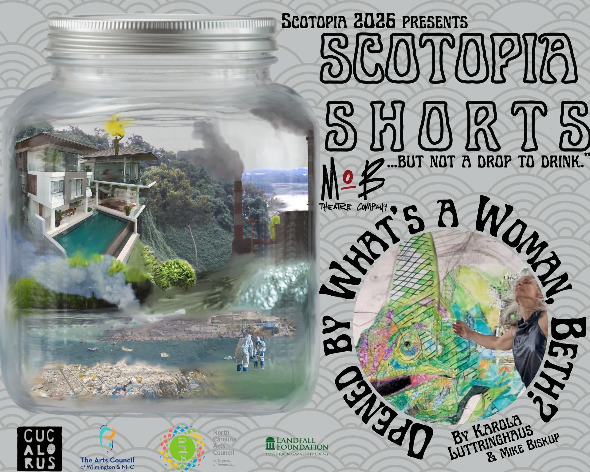 Collage poster with jar, waterfalls, and bold text reading “SCORETIA SHORTS” and “What’s a woman?”