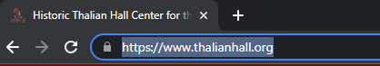 Browser tab and address bar showing the Historic Thalian Hall Center website URL selected