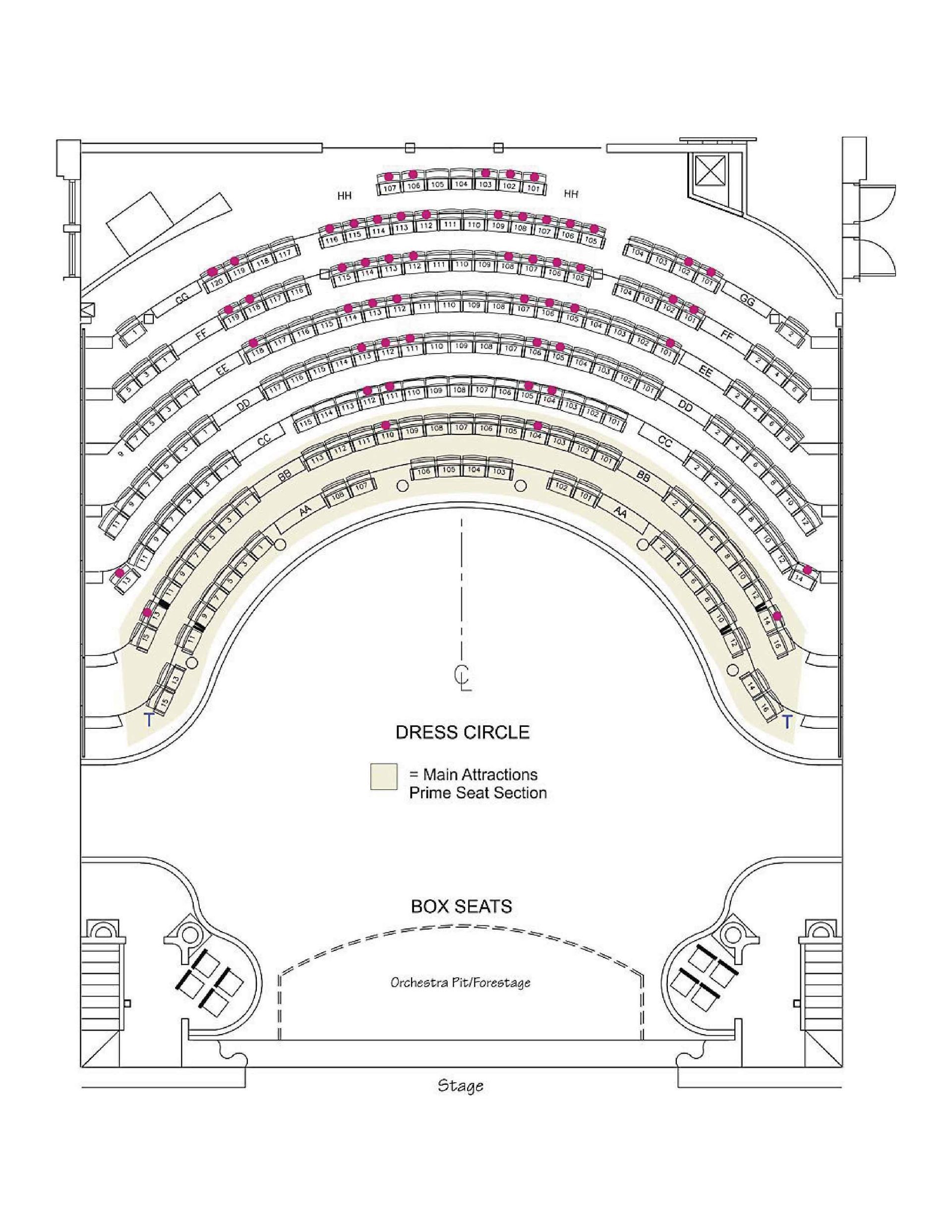 Auditorium seating chart with curved rows around a central stage or screen