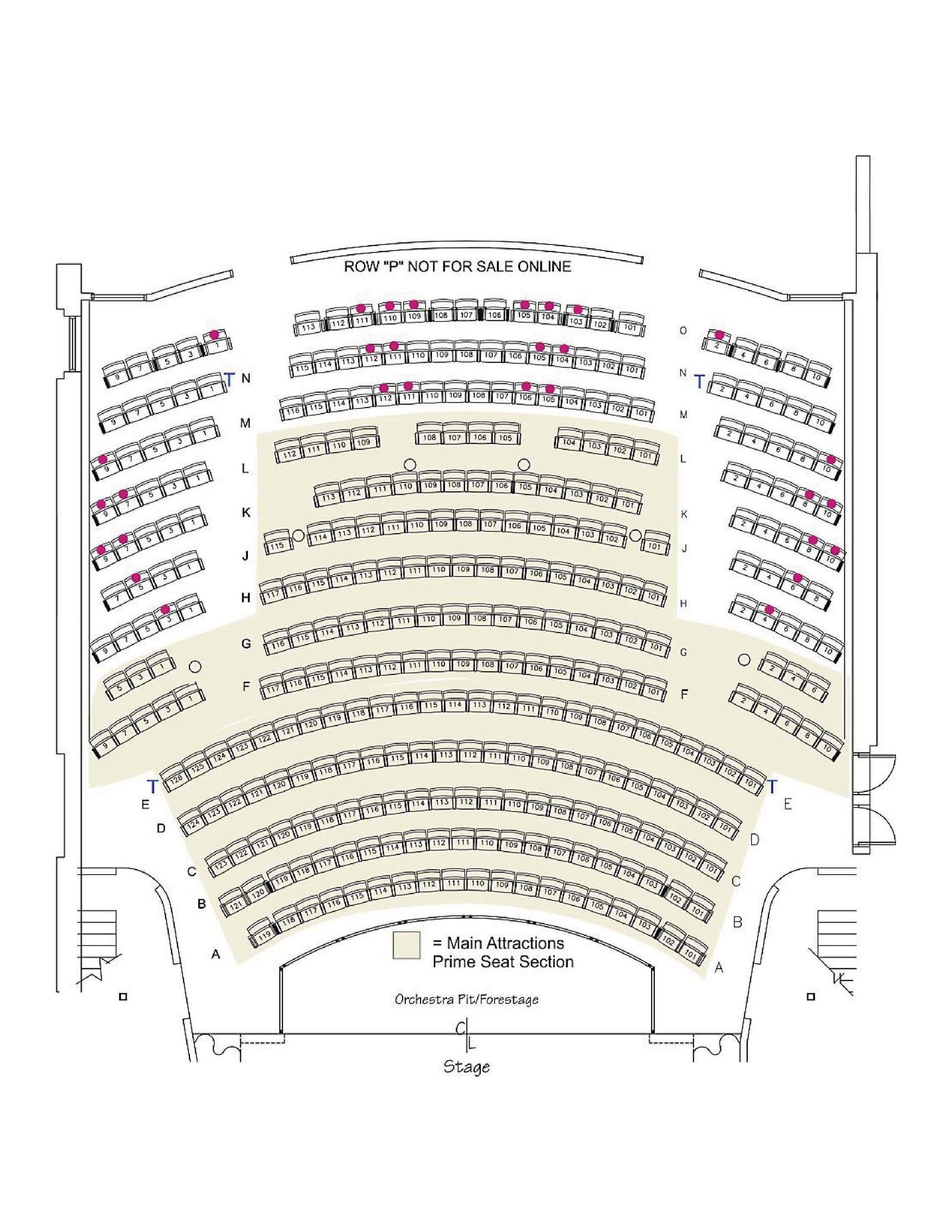 Curved seating chart or auditorium layout with rows of numbered seats and labels around the edges