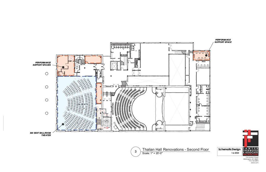 Building floor plan with seating area, rooms, and shaded blue outdoor section.