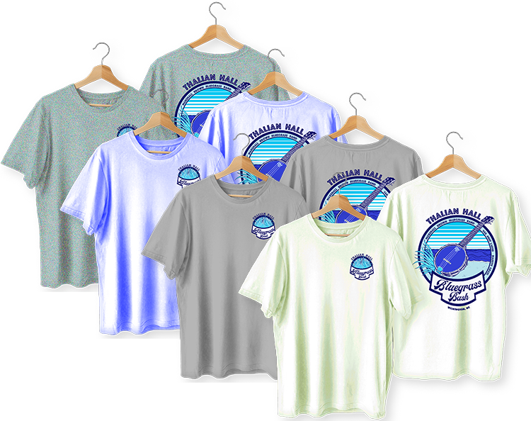 Six pastel T-shirts on hangers, each with a blue circular graphic logo.