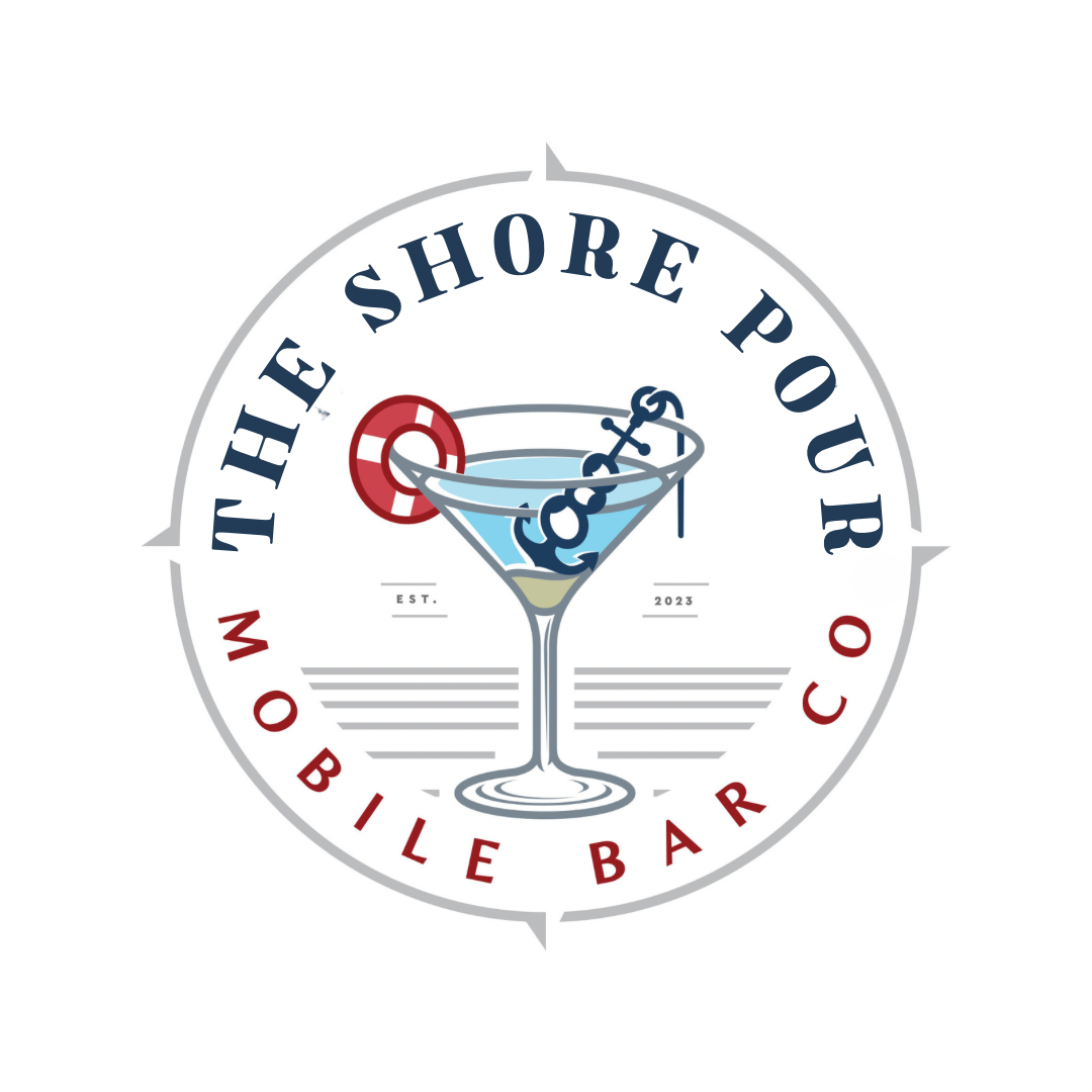 Logo for The Shore Pour Mobile Bar with a martini glass, anchor, and red lifebuoy inside a circular badge
