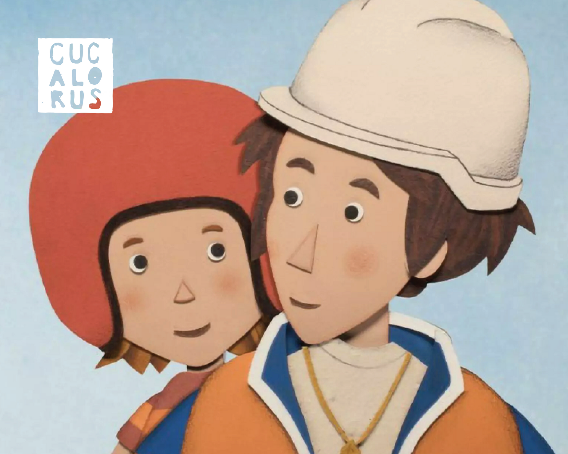 Two cartoon figures in helmets, one red and one white, against a light blue background.