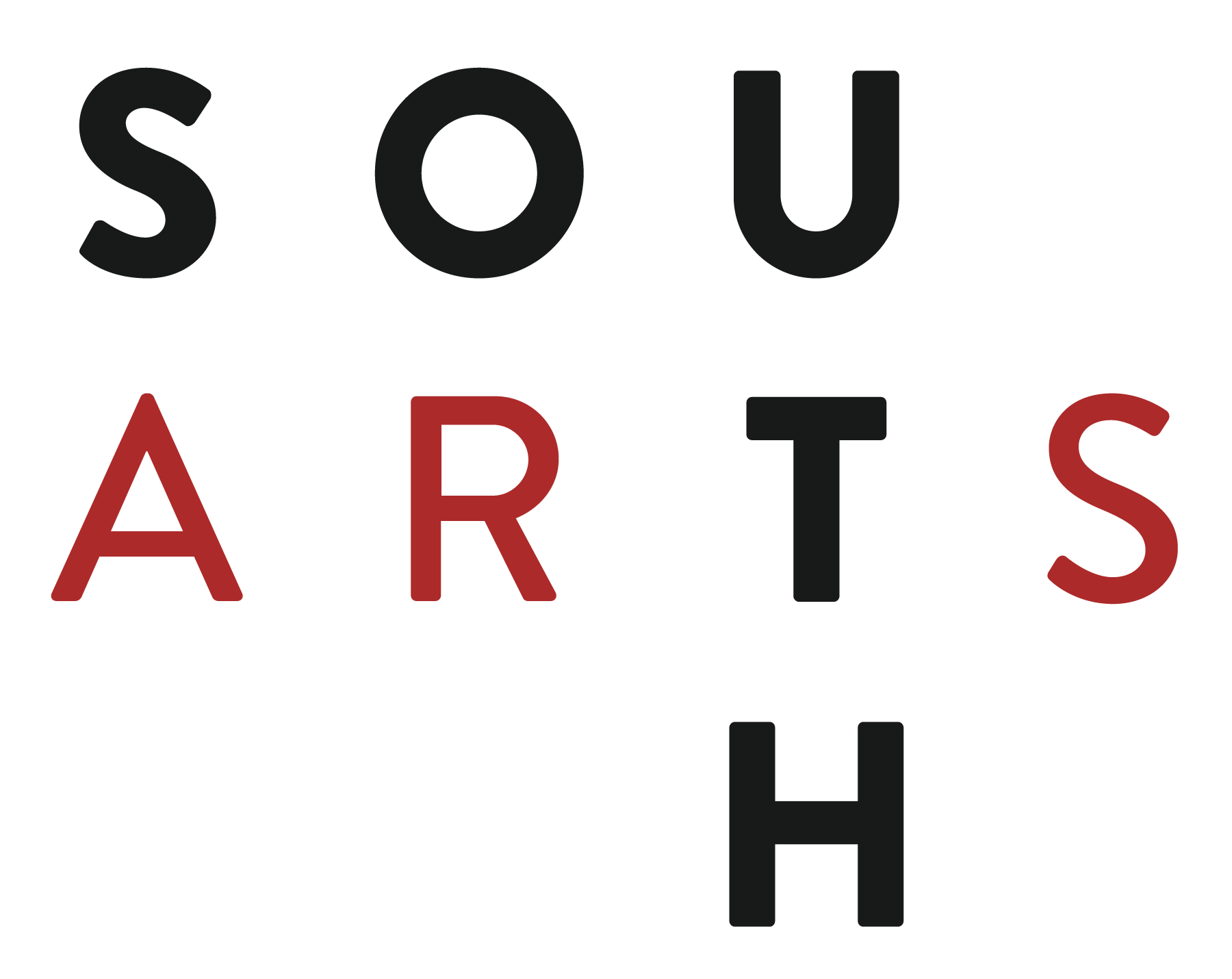 Stylized “SOUTH ARTS” logo with black and red letters arranged in a grid on a white background