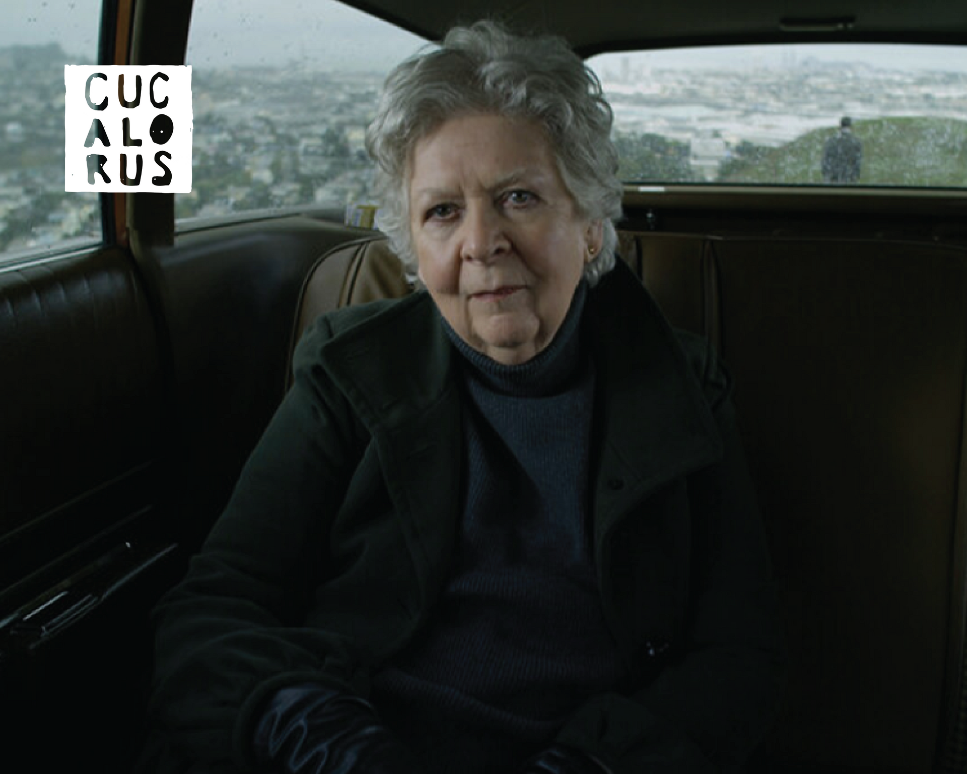 Woman seated in a car, looking at the camera, with a landscape visible through the window.