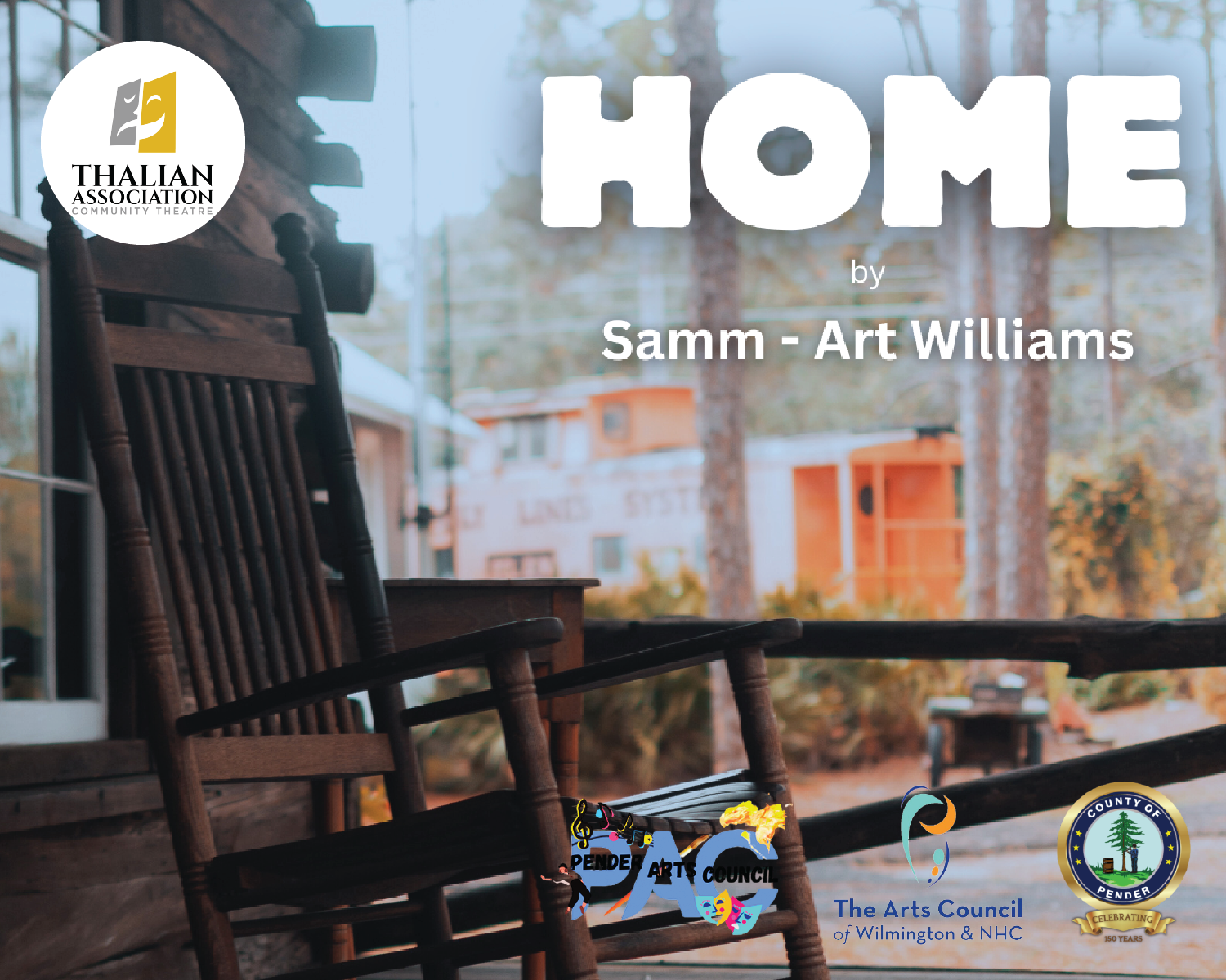 Title graphic reading “HOME” over a porch chair with logos and “by Samm - Art Williams” text.