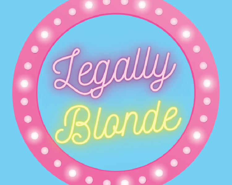 Pink circular “Legally Blonde” logo with glowing white dots on a blue background