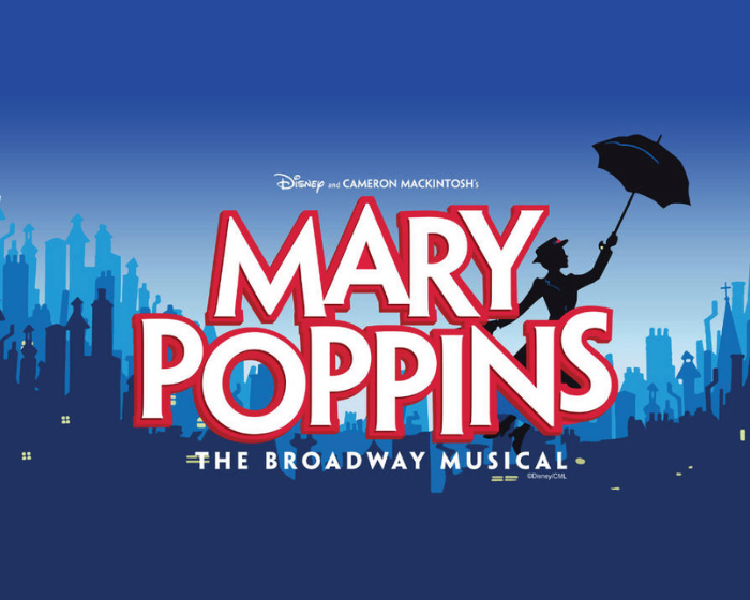 Mary Poppins Broadway musical poster with blue skyline, red title, and Mary flying with umbrella