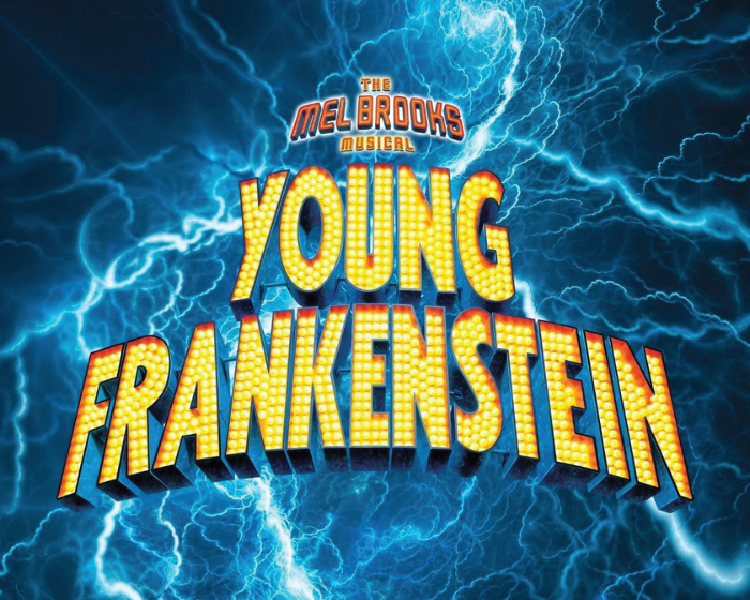 Mel Brooks’ Young Frankenstein title in yellow letters over a blue lightning background