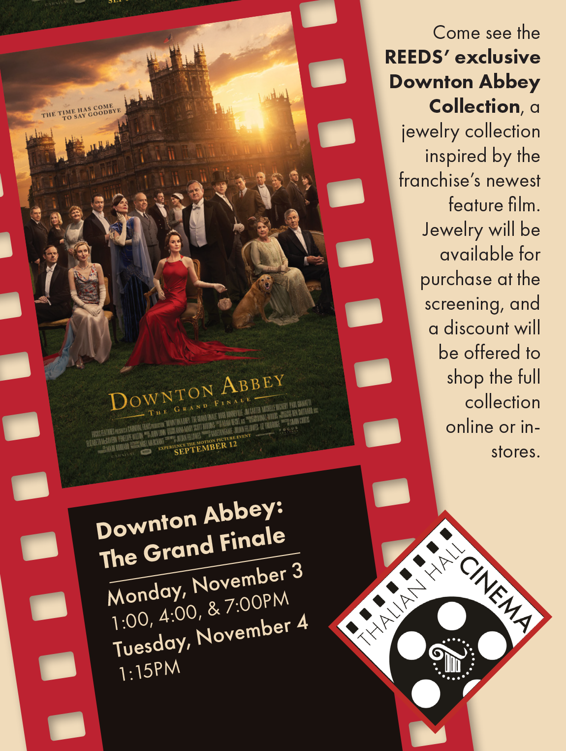 Downton Abbey film poster beside REED’s collection promo, with cast and a cinema reel icon.