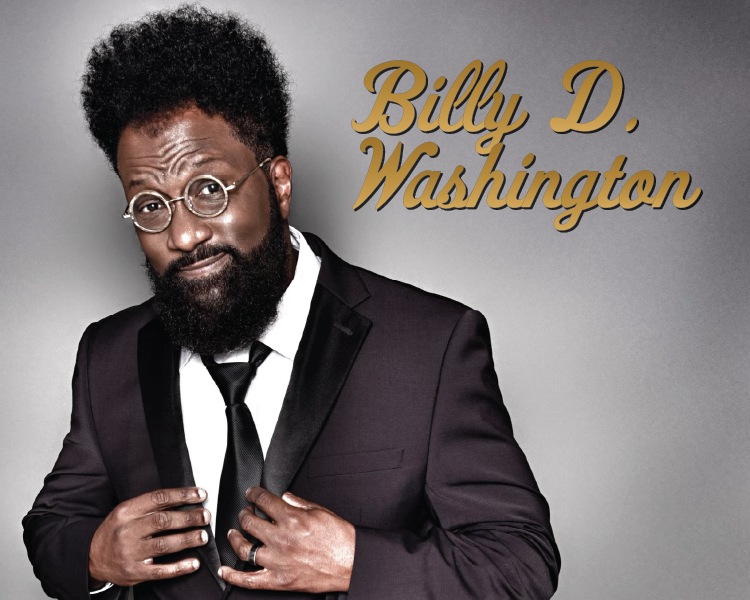 Portrait of Billy D. Washington in a dark suit, adjusting his tie beside gold script text.