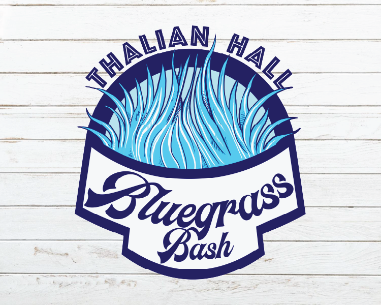 Thalian Hall Bluegrass Bash logo with blue flames on a white wood background