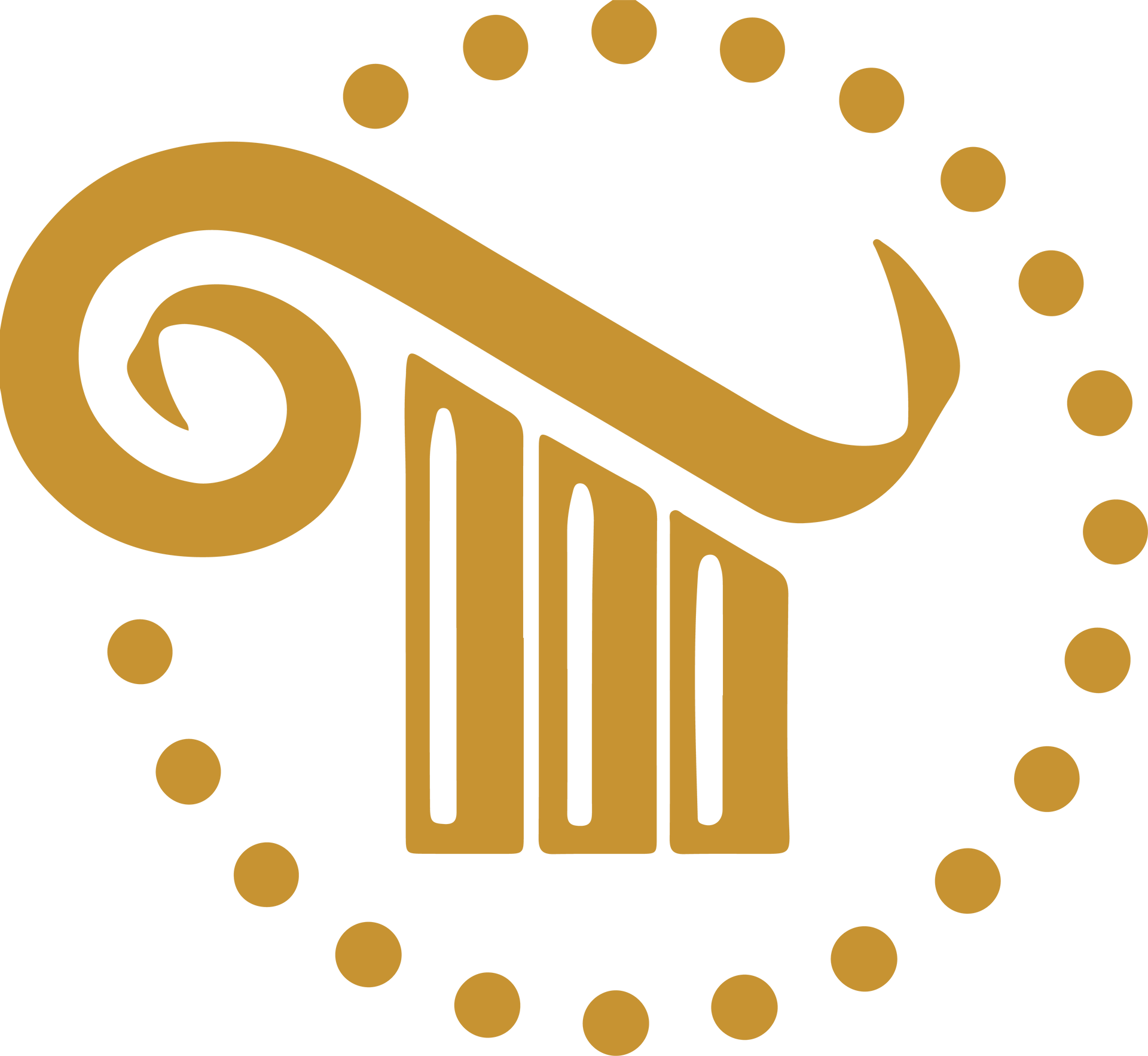 Gold classical column icon with a dotted circular border