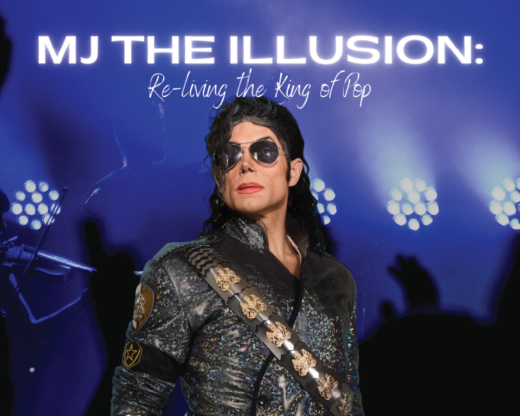 Michael Jackson tribute poster with singer in black jacket and sunglasses on a blue stage background, titled “MJ THE ILLUSION”