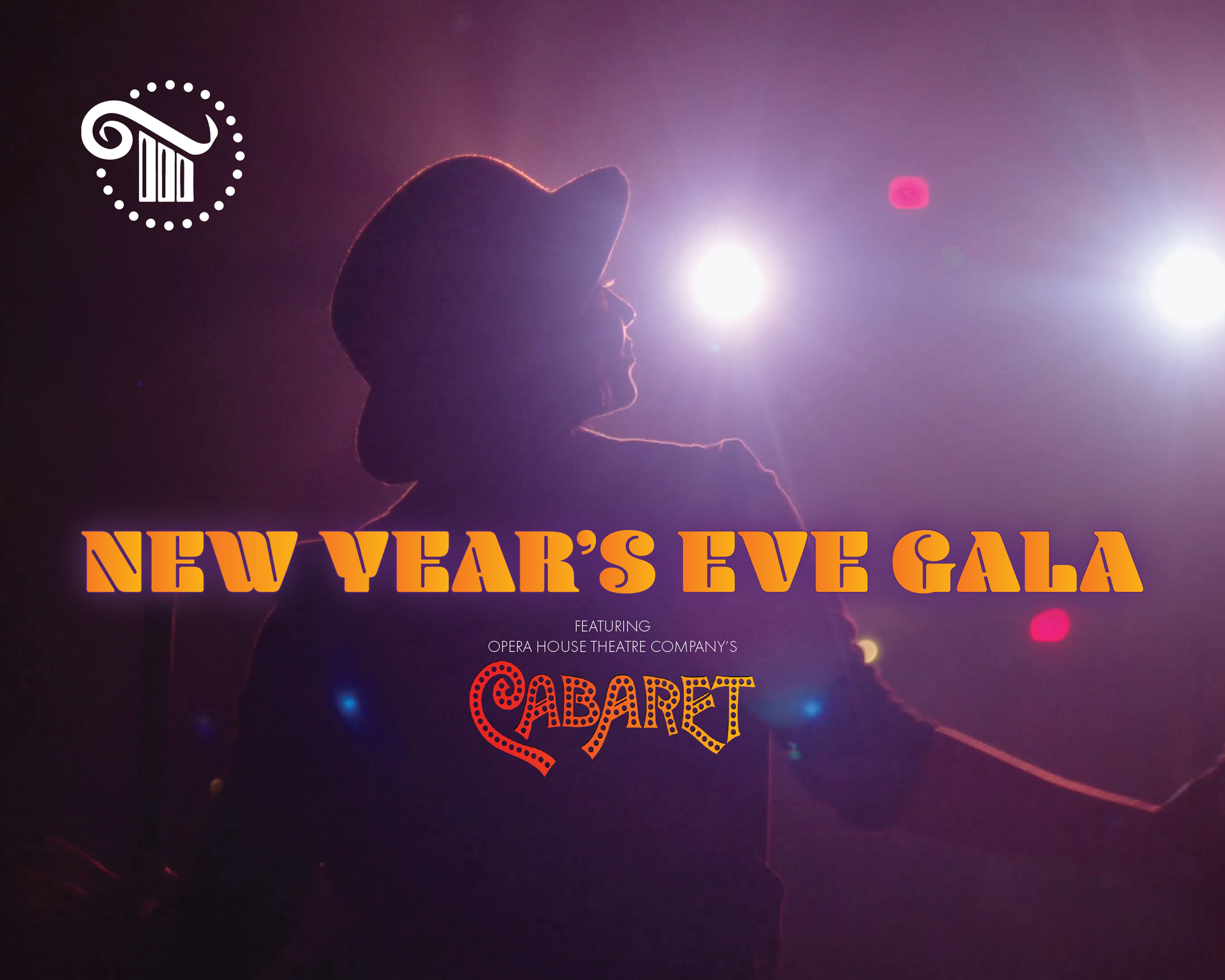 Silhouetted performer in spotlight with “New Year’s Eve Gala” text on a purple stage background