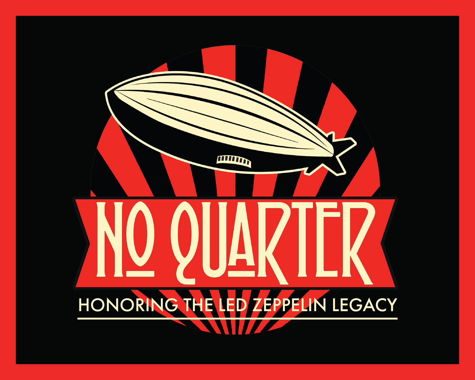 “No Quarter” Led Zeppelin tribute graphic with red and black sunburst, zeppelin, and text