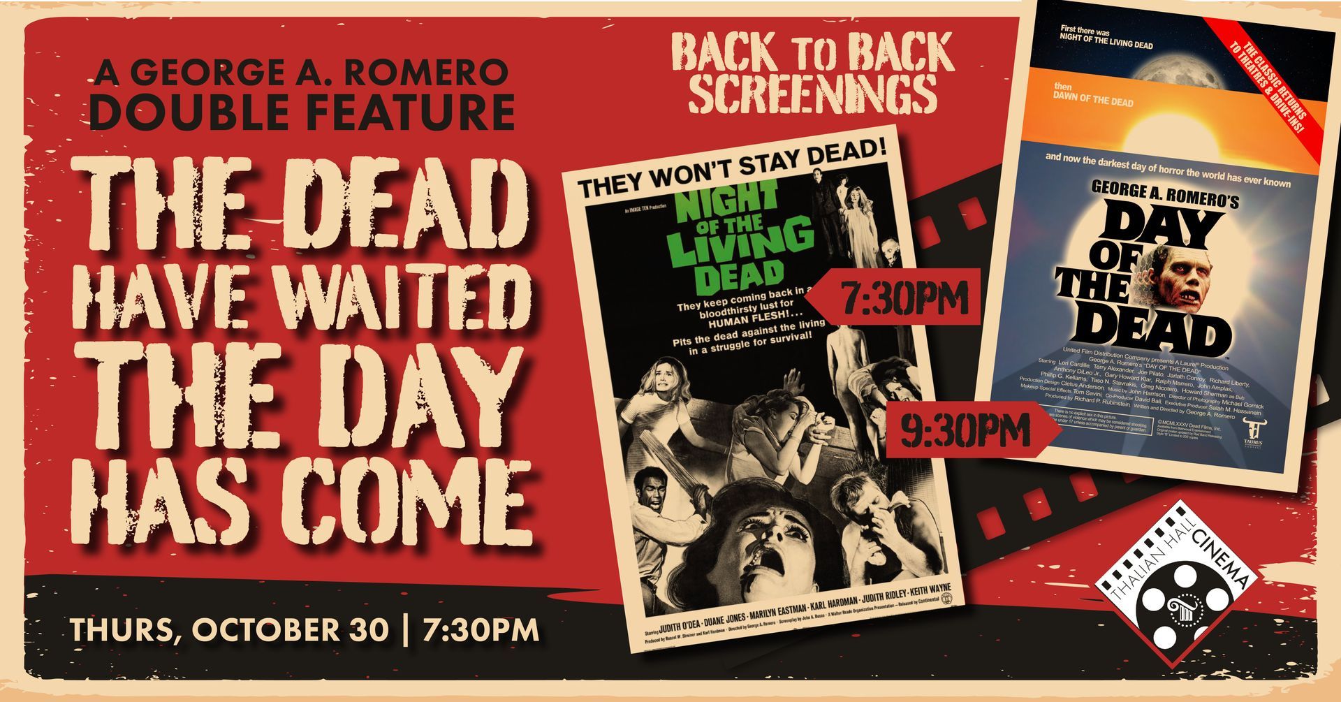 Vintage horror double-feature poster for The Dead Have Waited and The Day the Dead with showtimes and red-black graphics