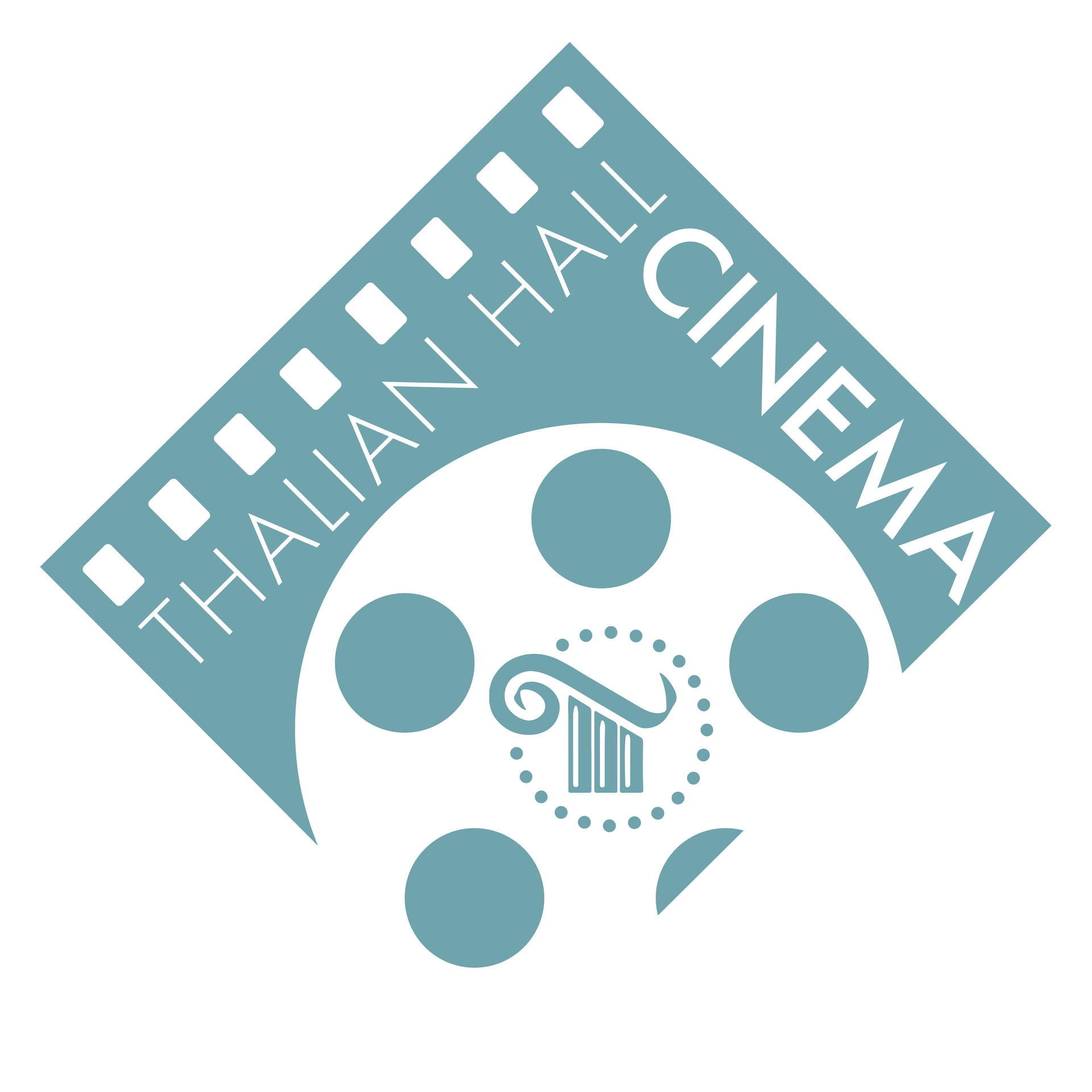 Teal Thai Hall Cinema logo with filmstrip, stars, and a stylized film reel icon