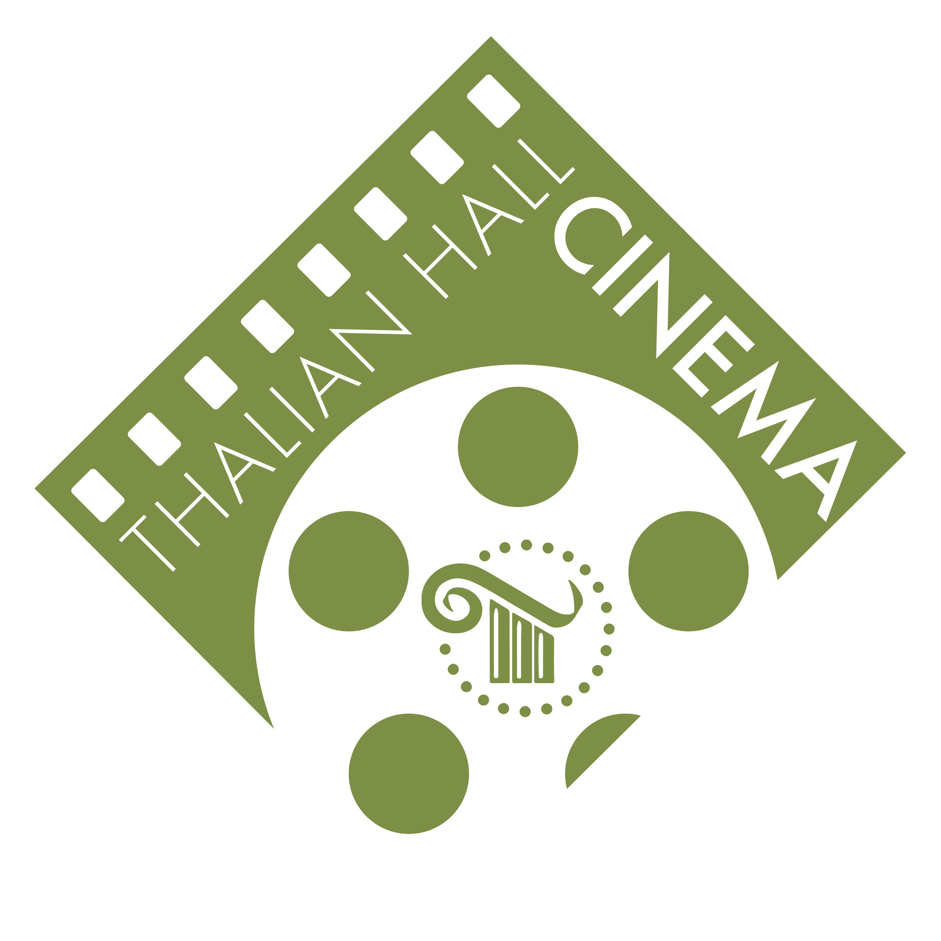 Black-and-white Italian Hall Cinema logo with film strip, reel, and column graphic