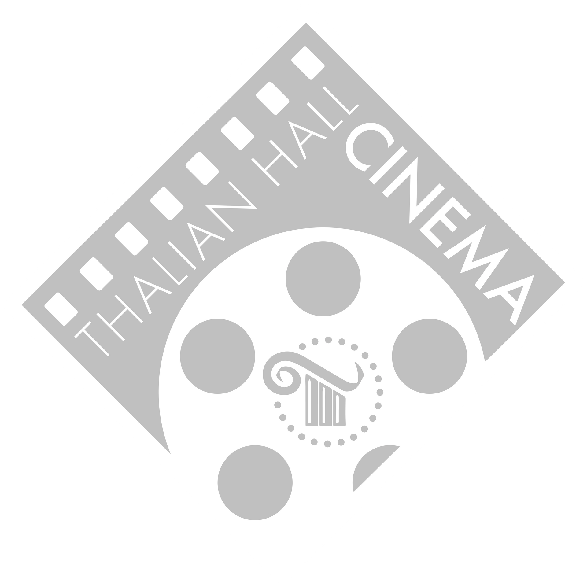 Thai Hall Cinema logo in light gray with film reel and stylized temple icon