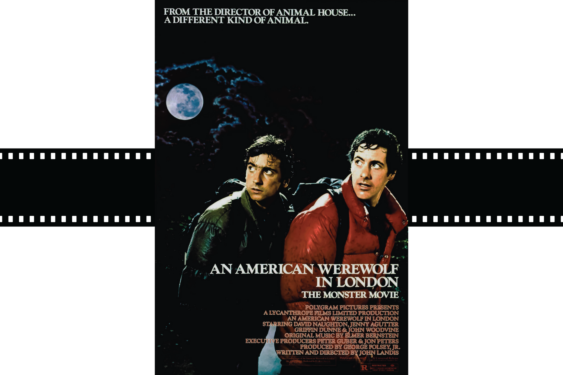 Movie poster for An American Werewolf in London with two men, a moon, and red title text on a black background