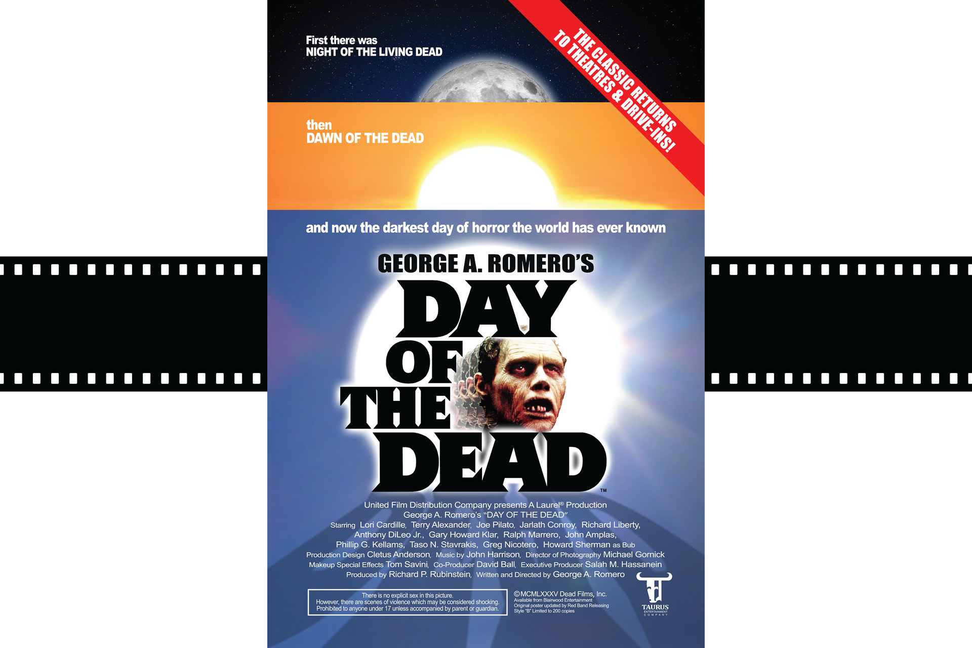 Movie poster for George A. Romero’s Day of the Dead, with a zombie face and bold title on blue background