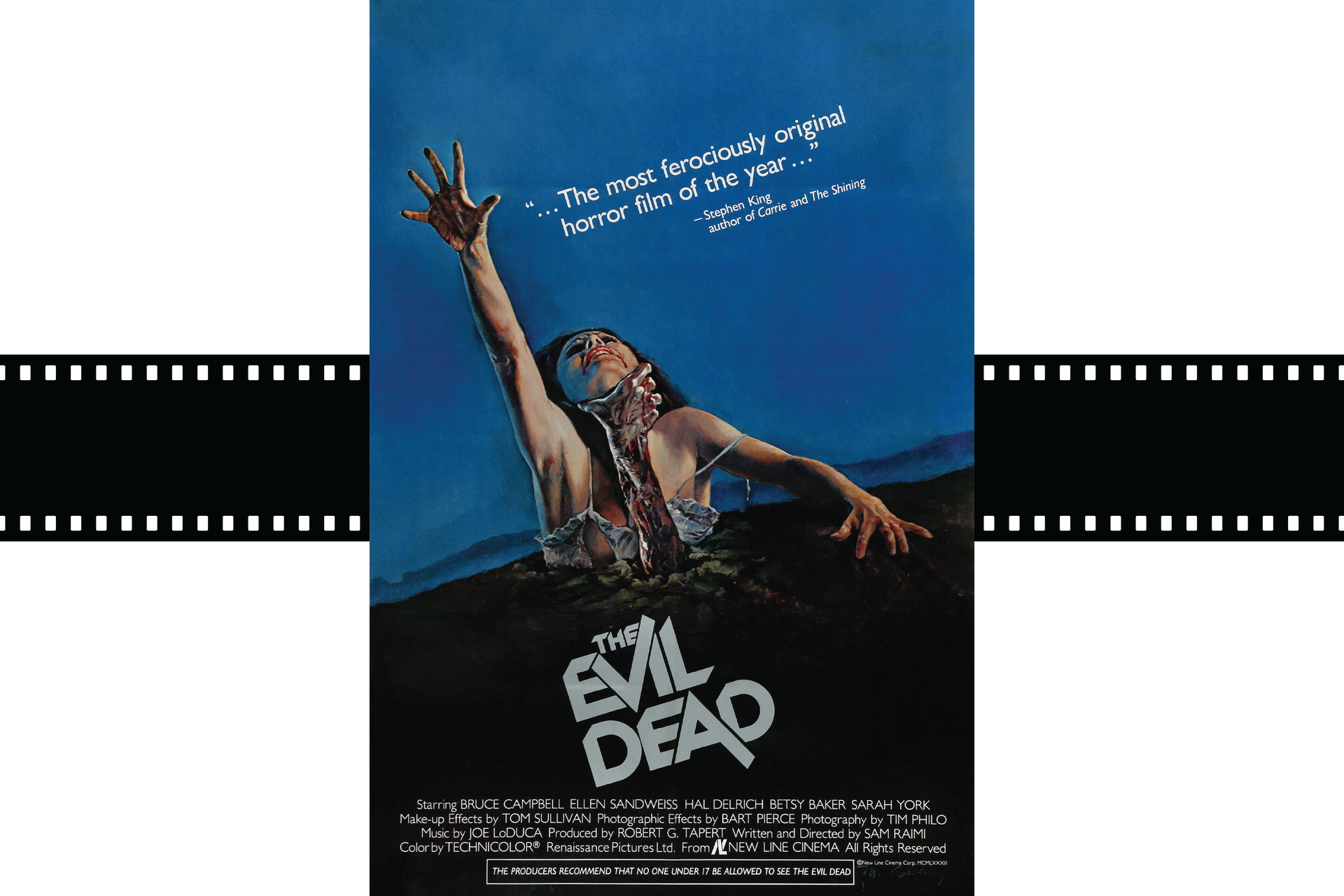 Evil Dead movie poster with a woman reaching from a dark pit against a blue sky.