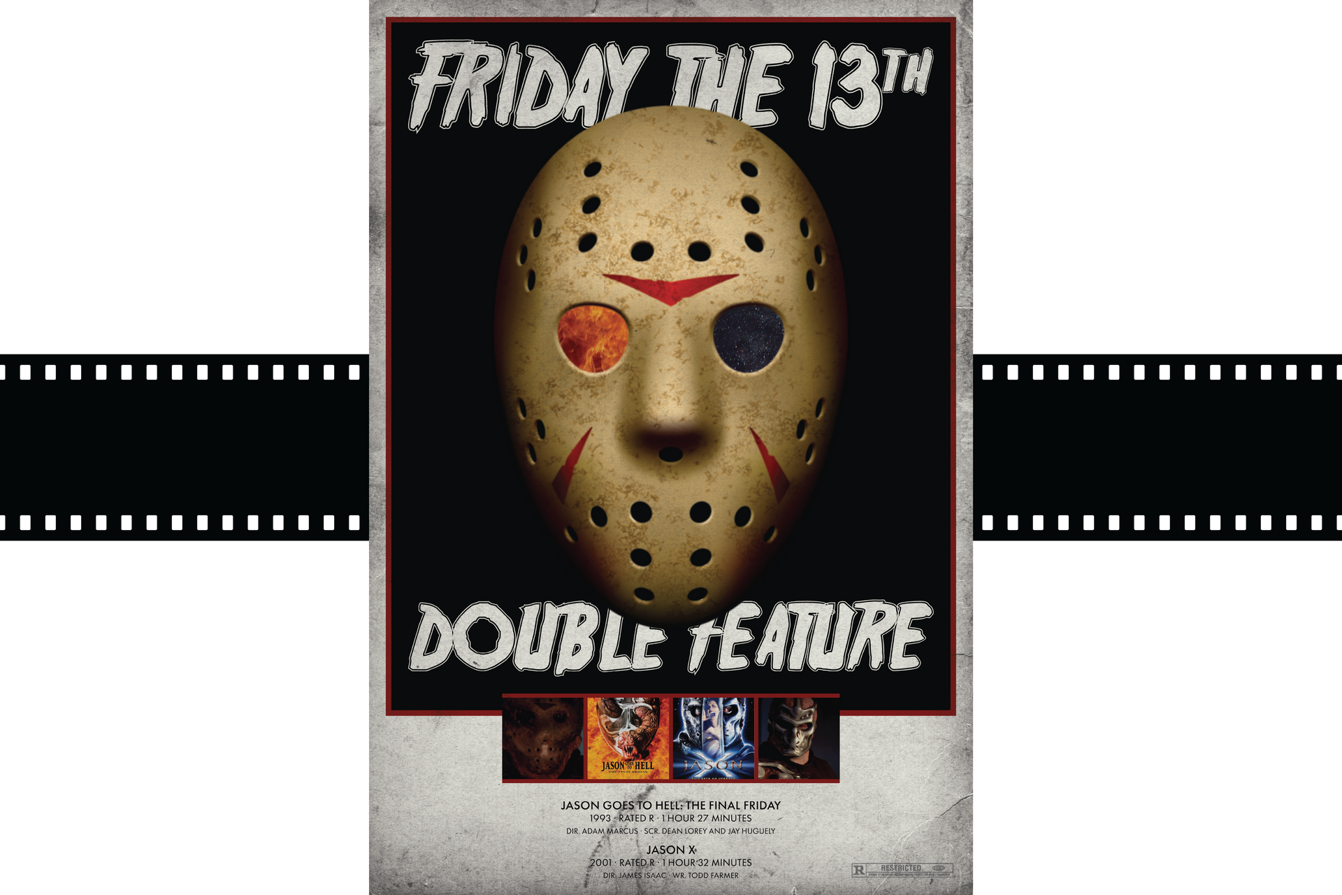 Friday the 13th double feature poster with a hockey mask and filmstrip design
