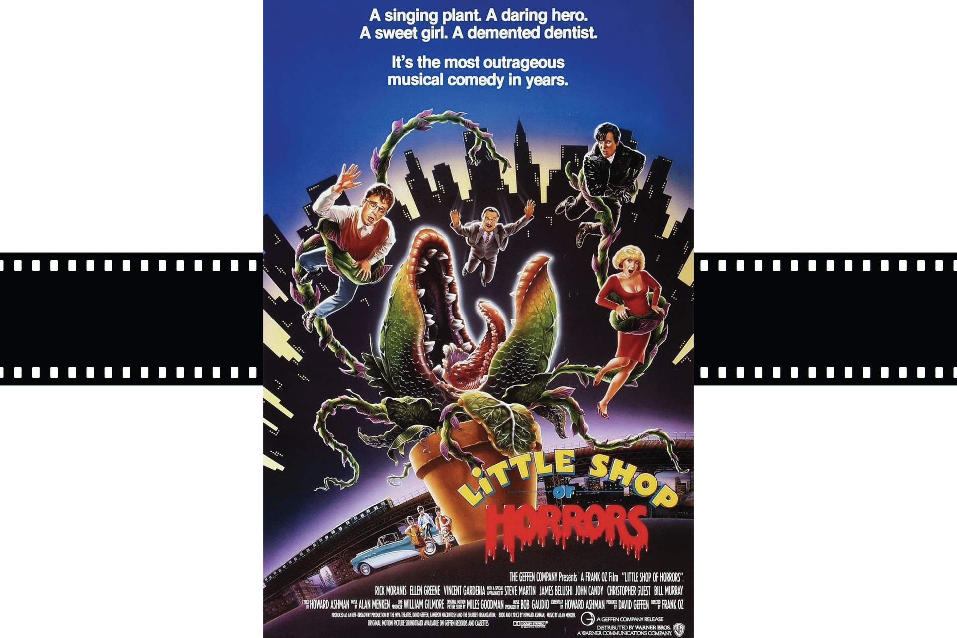 Movie poster for Little Shop of Horrors, with a giant carnivorous plant attacking people against a dark sky