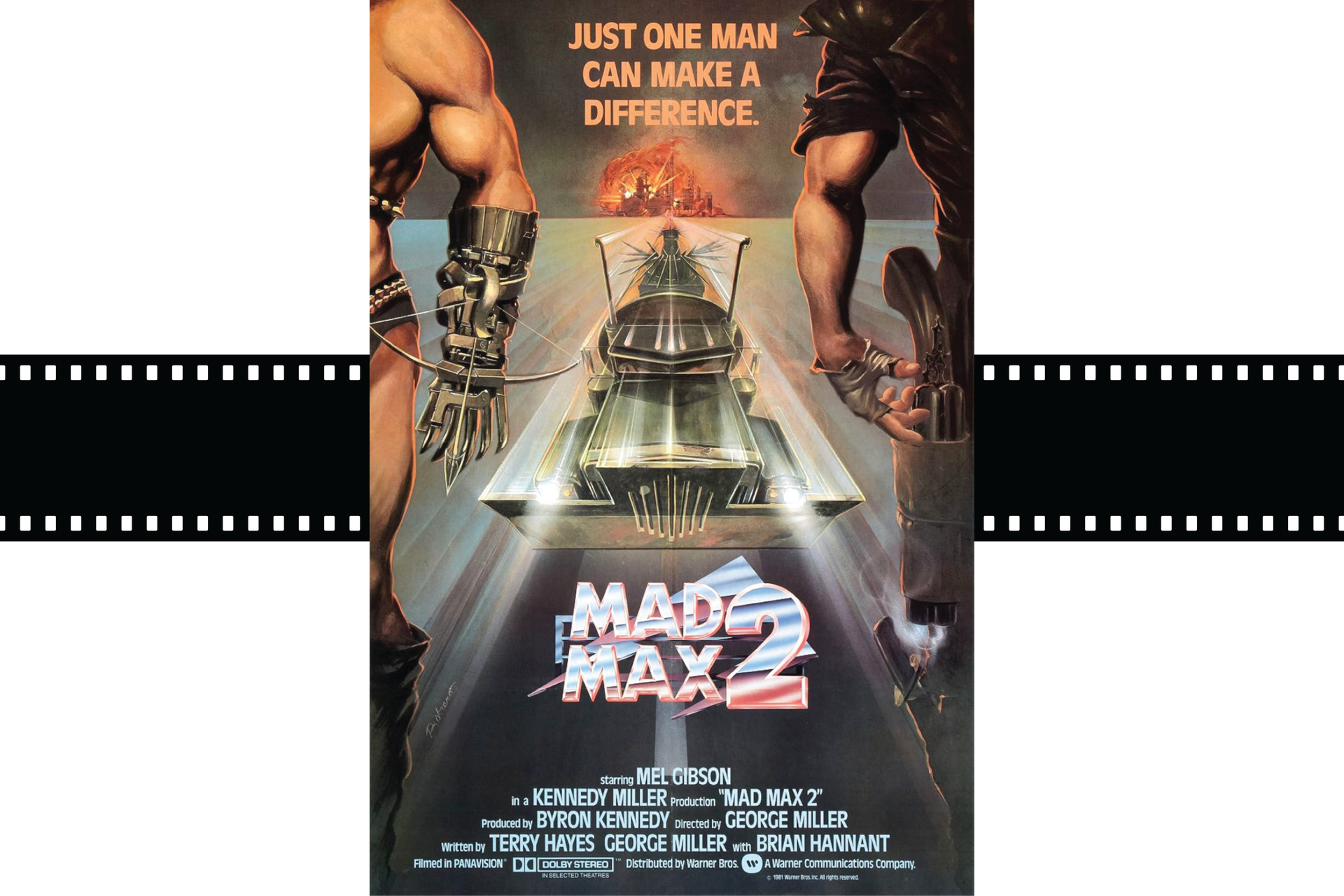 Mad Max 2 movie poster with a desert car chase and large title text
