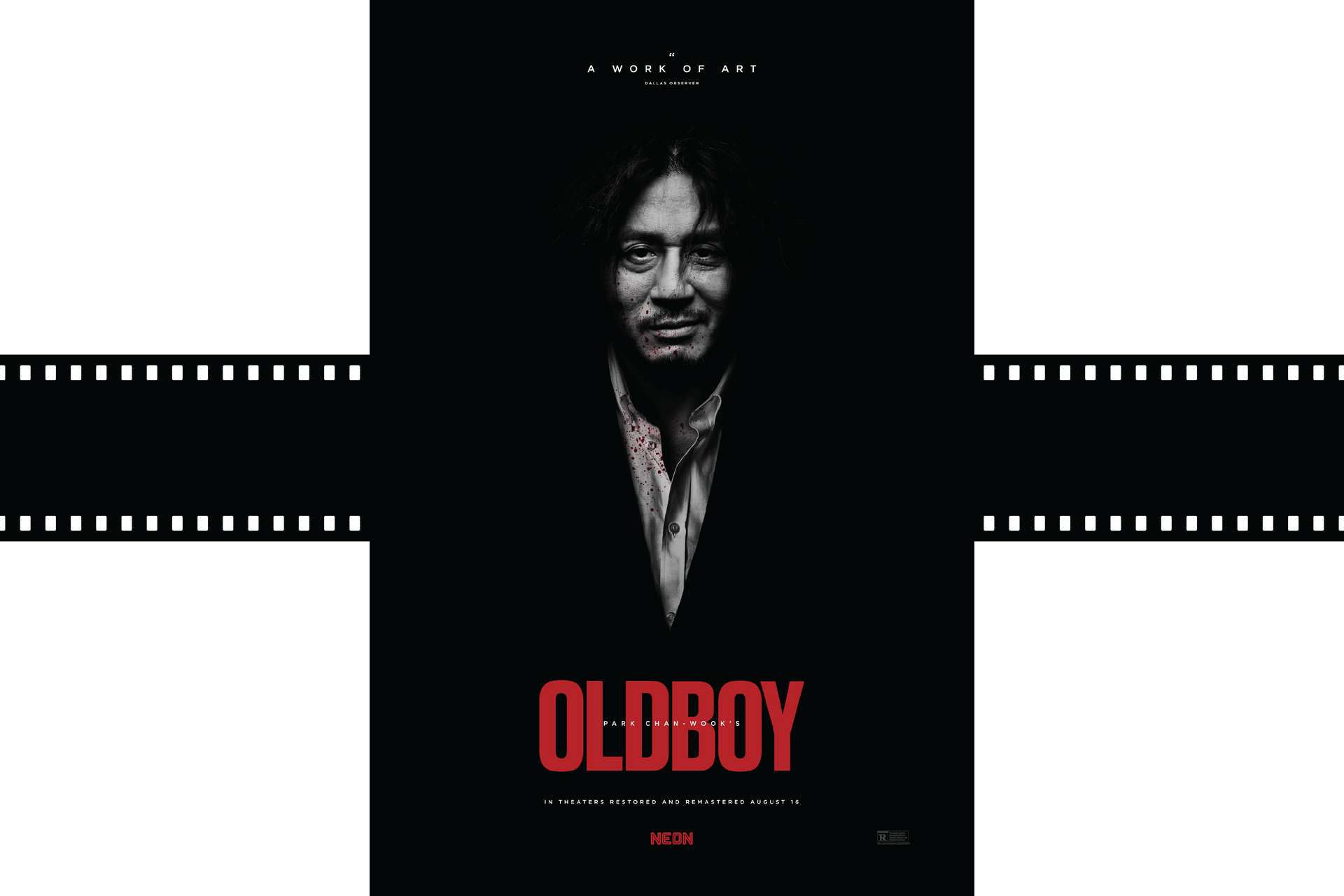 Oldboy poster with a dark face portrait above bold red title on a black background