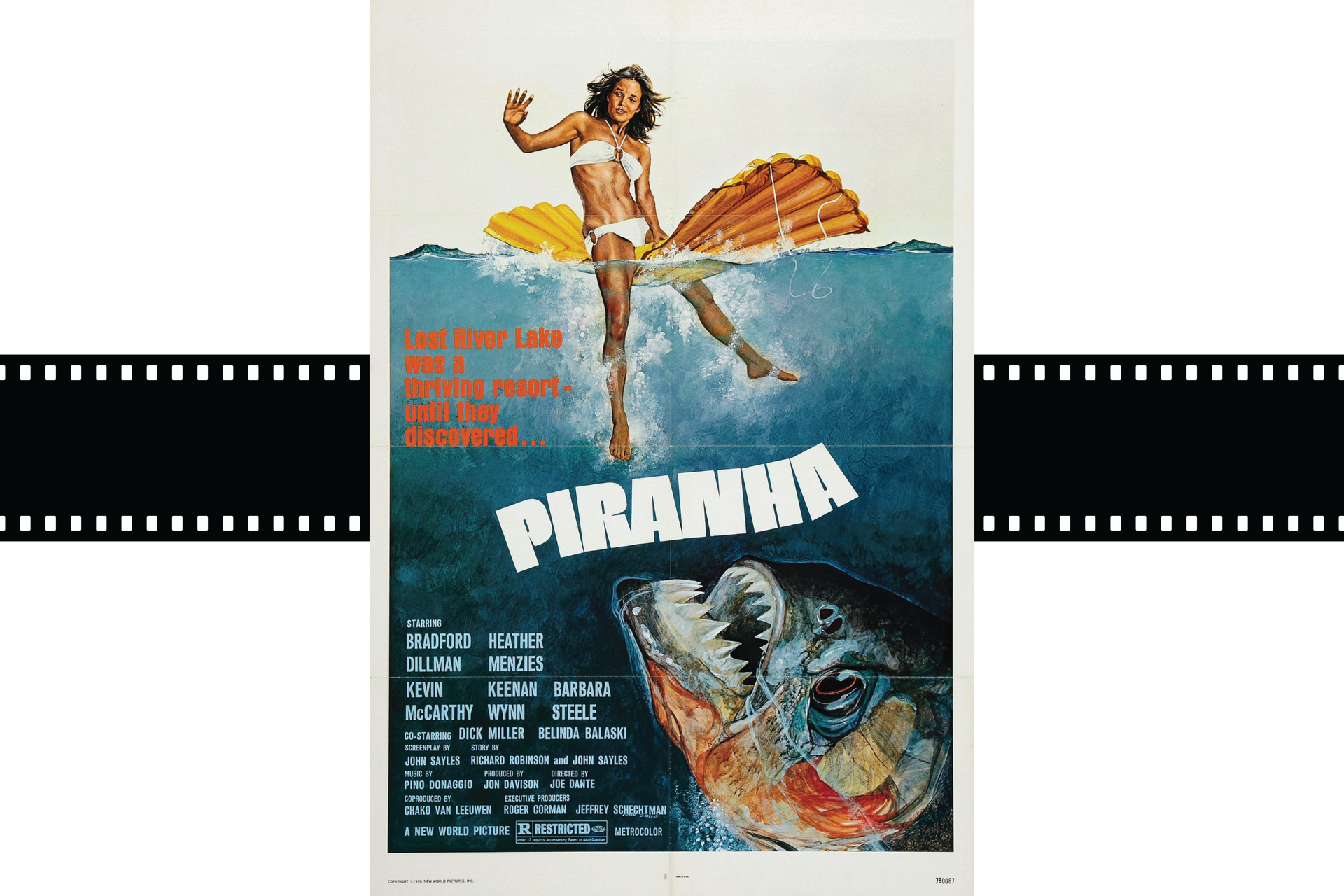 Movie poster for “Piranha” with a woman on a boat above a giant fish in blue water