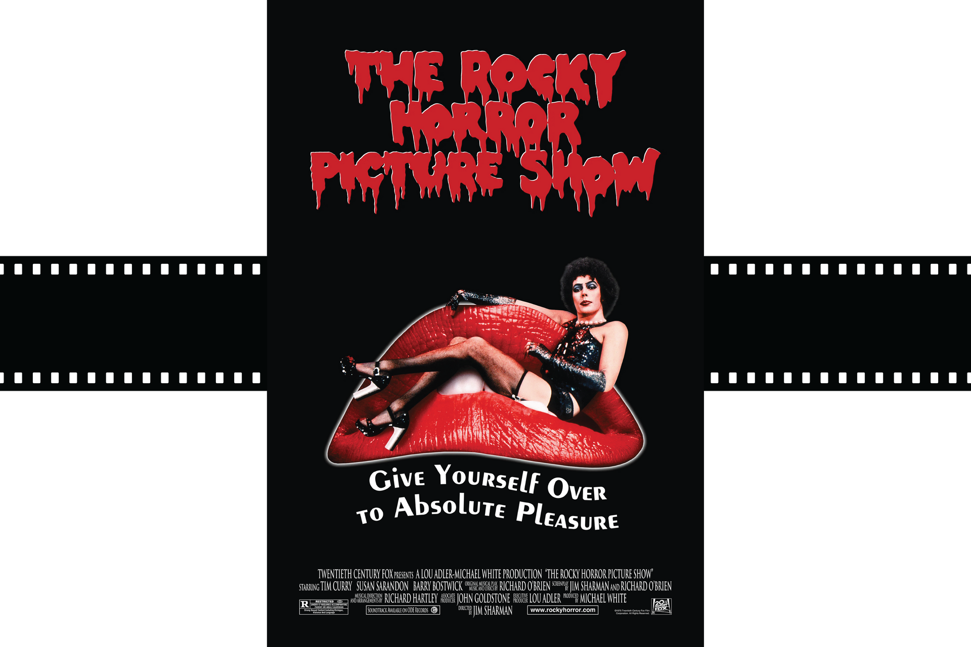 The Rocky Horror Picture Show poster with a red-lipped figure reclining on red lips and the tagline “Give Yourself Over to Absolute Pleasure.”