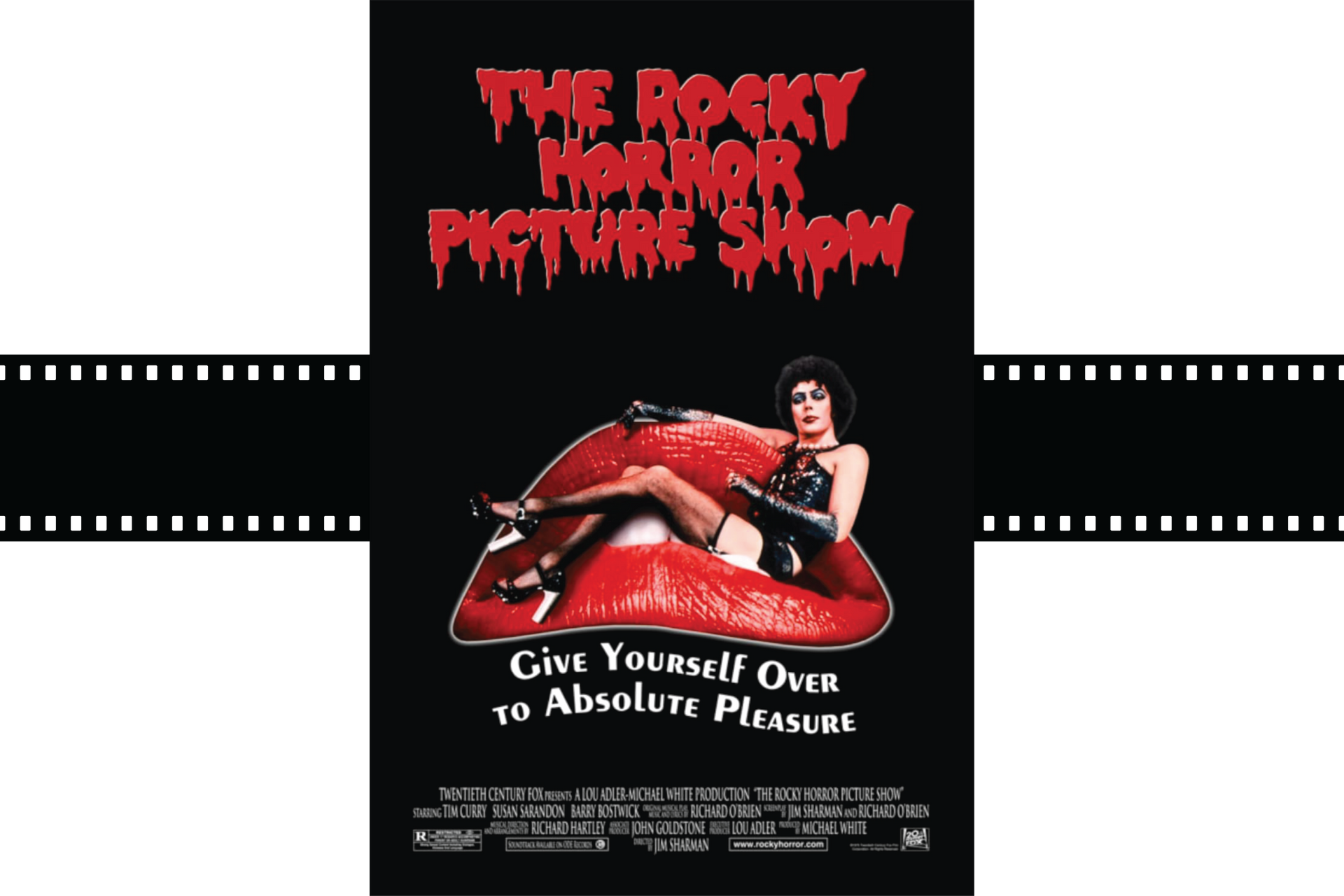 The Rocky Horror Picture Show poster with a red-clad woman, title in red, and tagline “Give Yourself Over to Absolute Pleasure.”