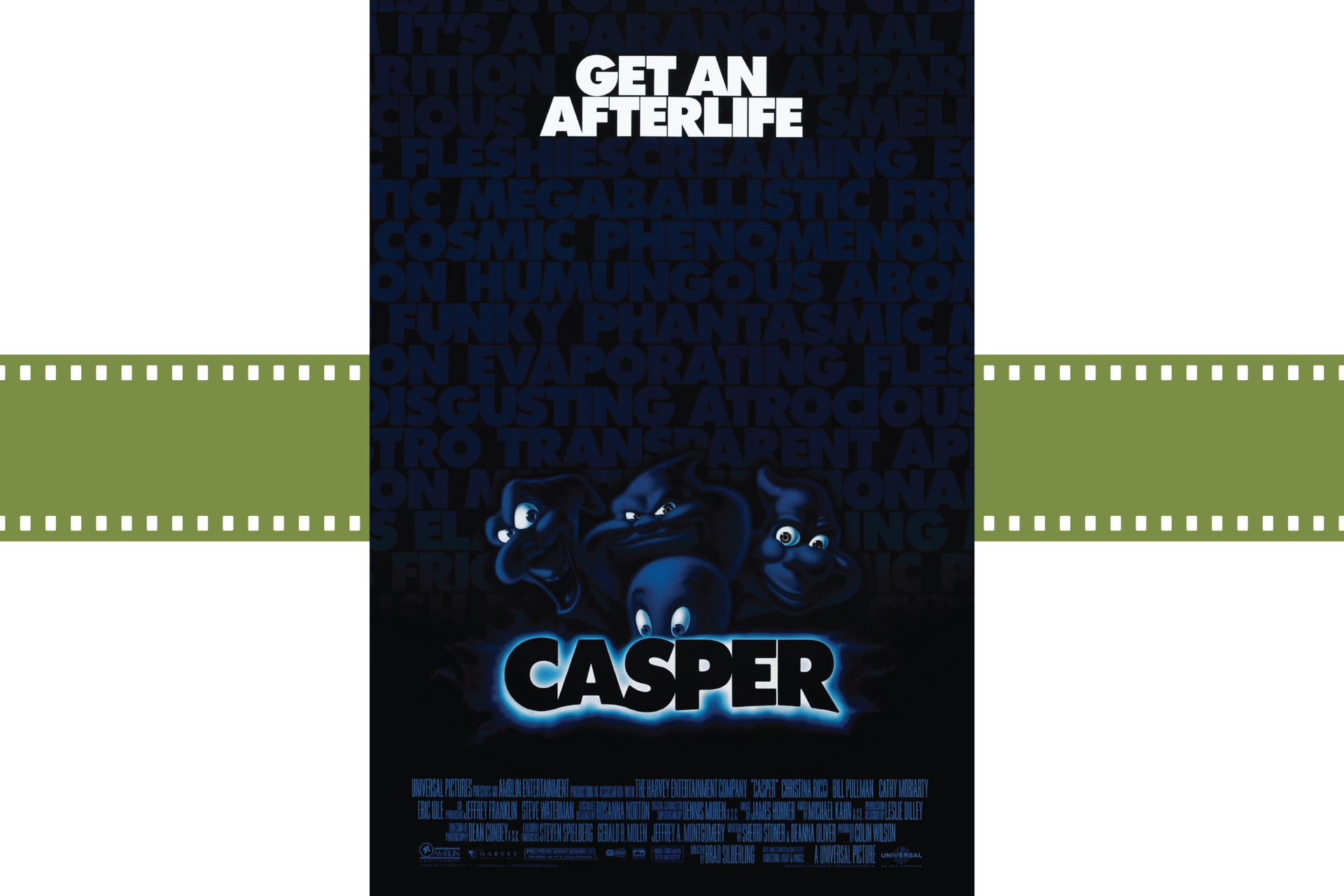 Casper movie poster with “Get an Afterlife” text on a dark blue background