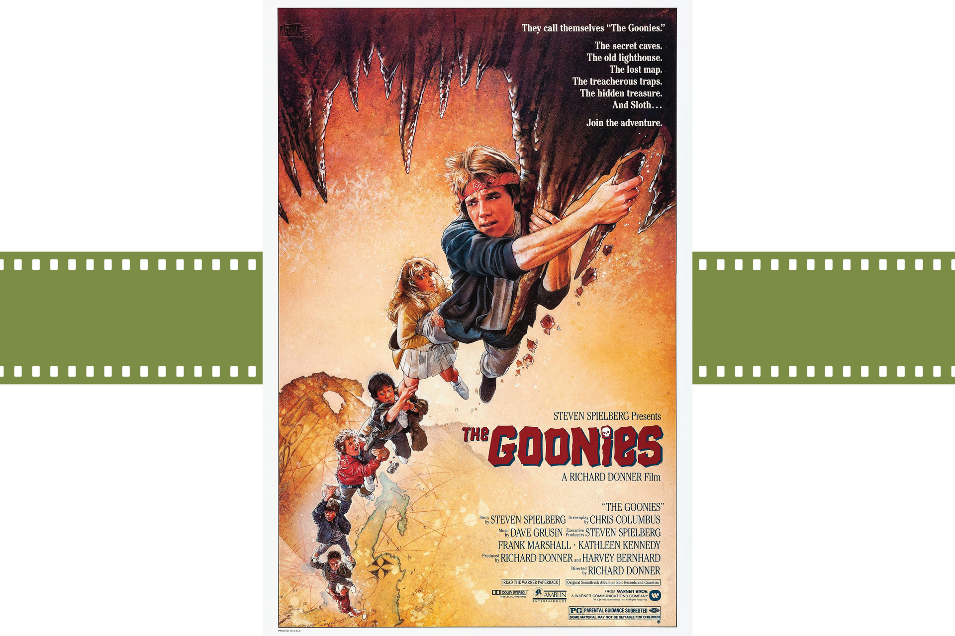 The Goonies movie poster with kids climbing a rocky cave against an orange background