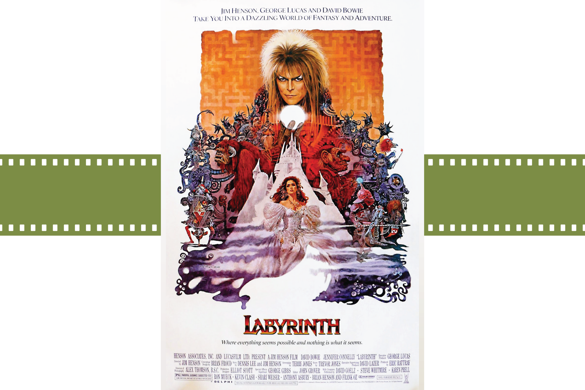 Labyrinth movie poster with David Bowie above a young woman and fantastical creatures on an orange background