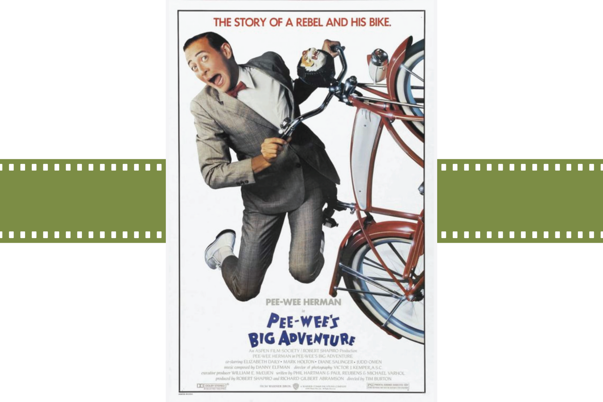 Movie poster of a man in a gray suit hanging beside a red bicycle, titled “Pee-wee’s Big Adventure.”